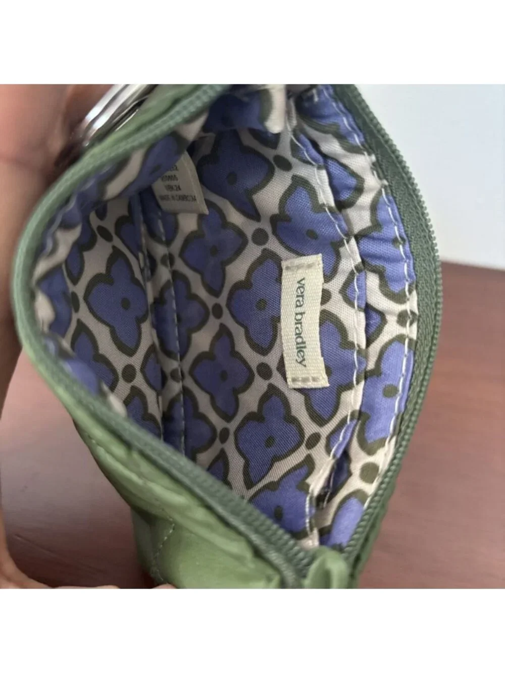 Vera Bradley Cedar Green Ultralight Zip-ID Case w/ Key Ring Floral Lining